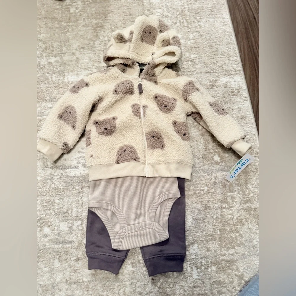 Carter's Cream and Brown Bear Sherpa Hoodie 3 piece Set size 18M -NWT